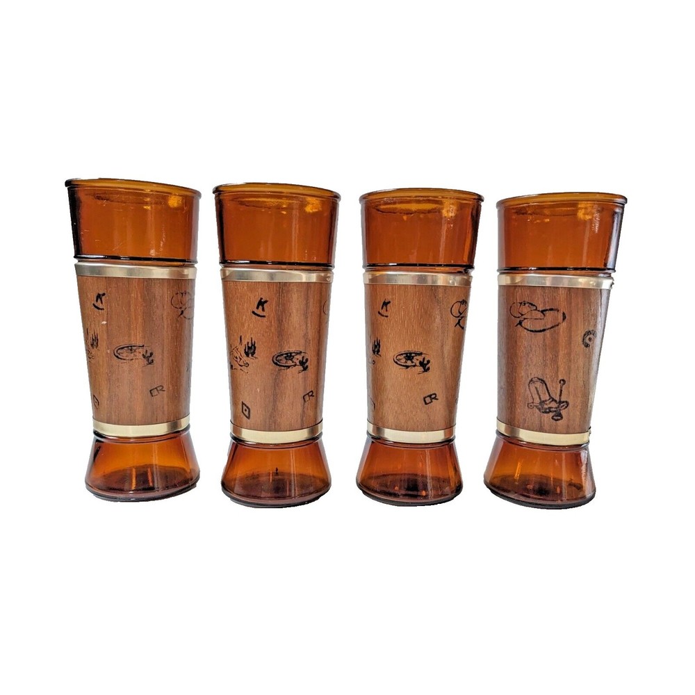 VTG Siesta Ware Tumbler Glasses Walnut Veneer Jacket‎ Set 4 Cowboy Ranch Brands